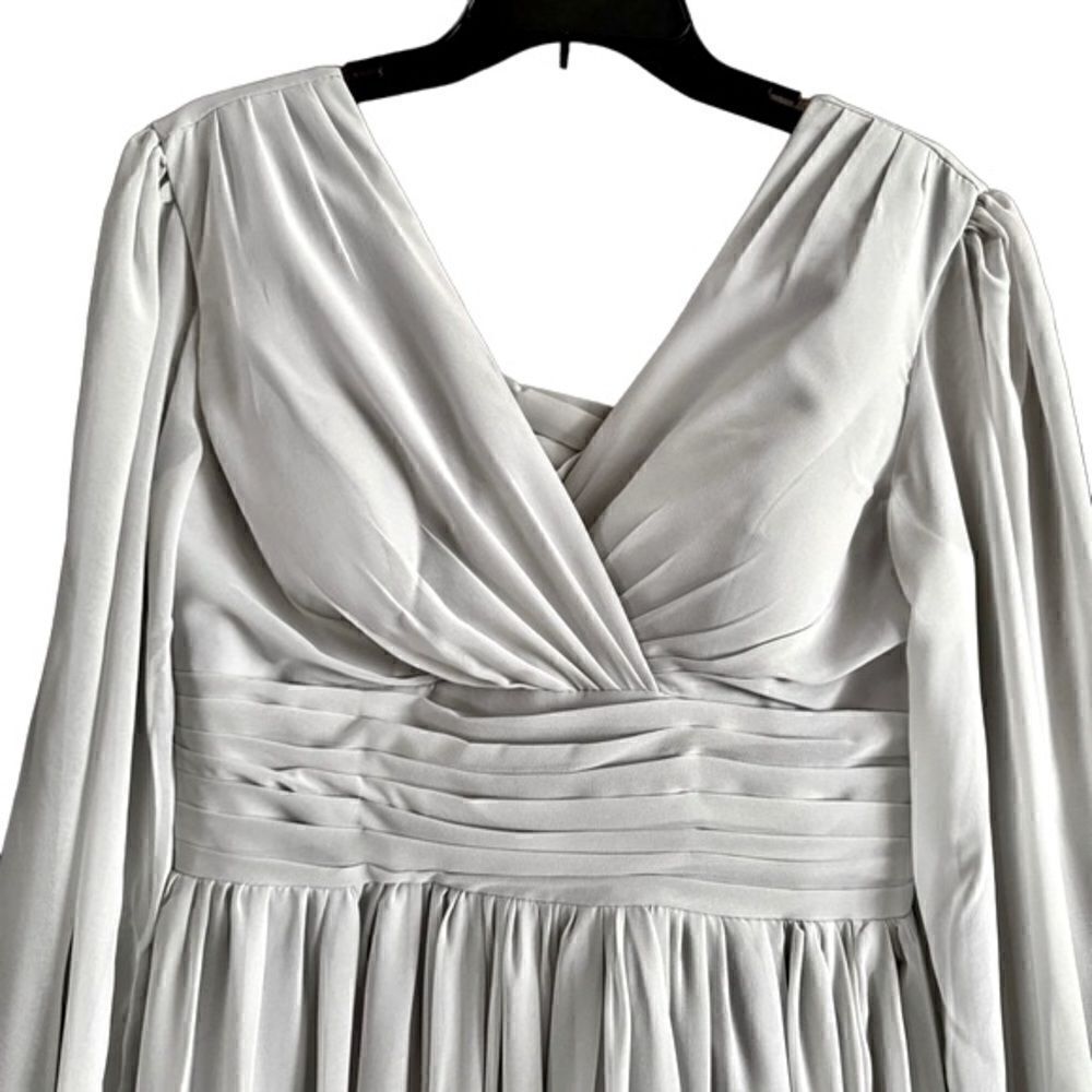 Lavetir Silver Chiffon V-Neck Long Formal A-Line Dress Lace Up Back Size Small - Picture 4 of 14